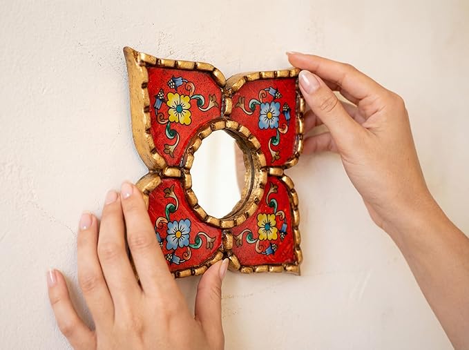 Handmade Peruvian Mirror - Reverse Painted Glass Mirror - Square or Diamond Shaped Wall Mirror with Bronze Leaf - Small Mirrors for Gallery Wall (Red)