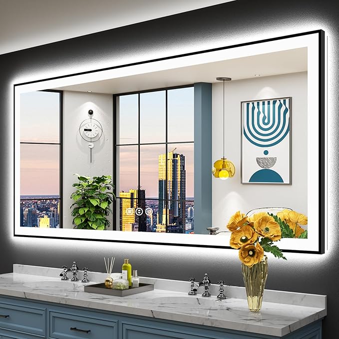 77x36 Black Framed LED Bathroom Mirror with Lights, Backlit and Front Lit Anti-Fog Lighted Vanity Mirrors for Bathroom Wall, Dimmable, 3 Colors, Memory, HD Tempered Glass, Horizontal/Vertical