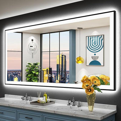77x36 Black Framed LED Bathroom Mirror with Lights, Backlit and Front Lit Anti-Fog Lighted Vanity Mirrors for Bathroom Wall, Dimmable, 3 Colors, Memory, HD Tempered Glass, Horizontal/Vertical