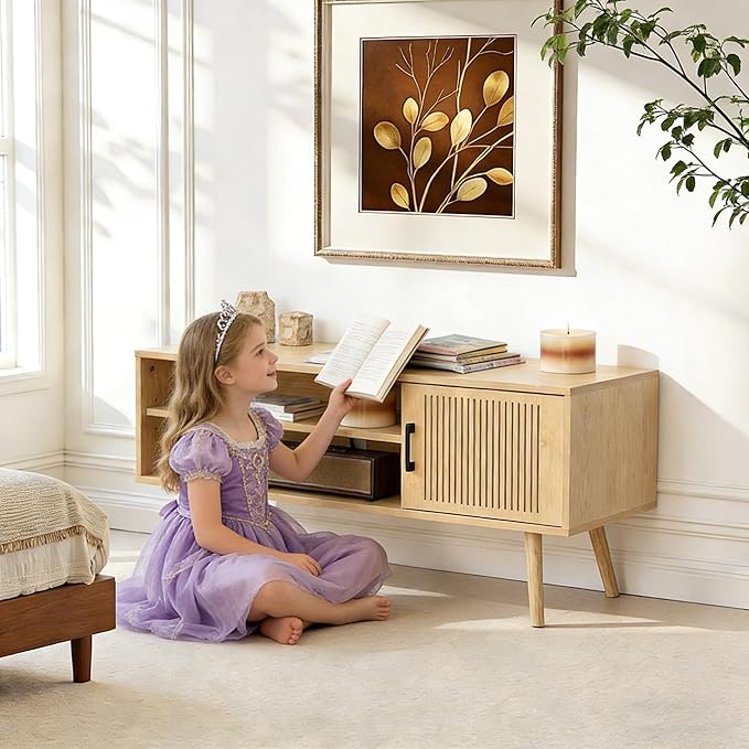 Modern TV Stand for 50 Inch TV, Entertainment Center with Storage Cabinets and Adjustable Shelf, Solid Wood Feet, Cord Holes, Groove Stripe Media TV Console Table for Living Room Bedroom