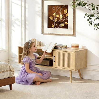 Modern TV Stand for 50 Inch TV, Entertainment Center with Storage Cabinets and Adjustable Shelf, Solid Wood Feet, Cord Holes, Groove Stripe Media TV Console Table for Living Room Bedroom