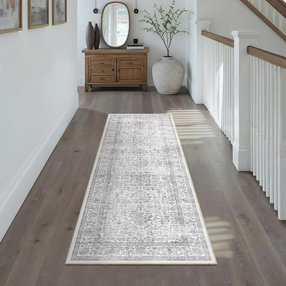 2x6 Gray Runner Rug Hallway Non Slip Washable Area Rugs Kitchen Soft Vintage Boho Long Rug Distressed Floral Carpet Indoor Low Pile Throw Rug for Bedroom Bathroom Laundry Dining Room Office