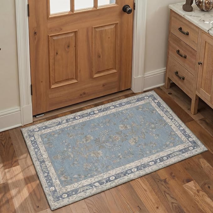 GENIMO Runner Rug 2x5 Non Slip Machine Washable Vintage Hallway Runner Rug, Low Pile Lightweight Rugs for Entryway, Hallway, Kitchen and Corridor, Dusty Blue