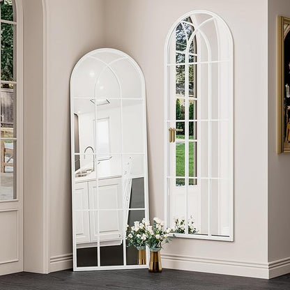 OGCAU Full Length Arched Floor Mirror, 65"x22" Window Pane Design, Decorative Hanging or Leaning, Full Body with Iron Frame for Bedroom Living Room (White)