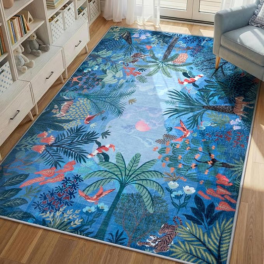 LIVEBOX Jungle Animal Print Dining Room Rugs for Under Table, Soft Modern Rug for Living Room, Washable Kids Rugs for Boy Bedroom, Non-Skid Blue Kids Carpet Playmat Rug for Play