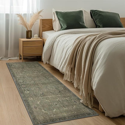 2x5 Runner Rug Machine Washable Boho Rug Runners for Hallway,Ultra-Thin Low Pile Rug,Lightweight Indoor Carpet,Non Slip Floral Runners for Enrtyway, Corridor, Home Office, Kitchen,Muted Green