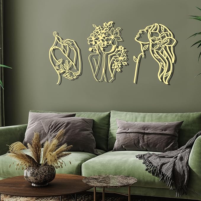 Photect 3 Pcs Metal Wall Art Decor Minimalist Abstract Woman Wall Art Metal Modern Line Drawing Decor Female Single Line Home Hanging for Bedroom Bathroom Living Room Housewarming(Romantic,Gold)