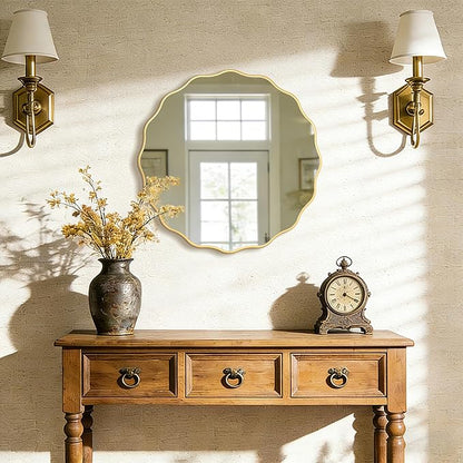 26" Wavy Mirror Scalloped Farmhous Modern Wood Farme Mirror Wall Decor for Bathroom Entryway Living Room Bedroom Hallway