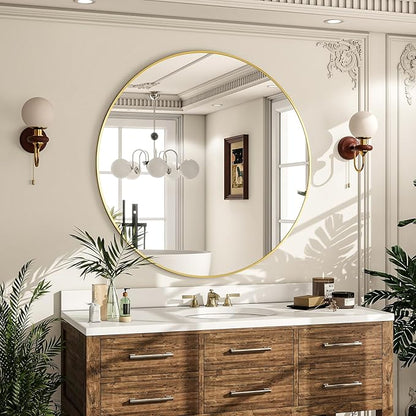 Round Mirror Wall Mounted Mirror - 28" Circle Mirror Bathroom Vanity Mirror with Aluminum Frame for Bedroom Living Room, Entryway Decor Gold Mirror