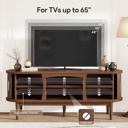 Decofy Mid Century TV Stand for TVs up to 65 Inches, Entertainment Center with Storage, Power Outlet, Fluted Sliding Doors & Adjustable Shelves, Modern Media TV Console Table for Living Room (Walnut)