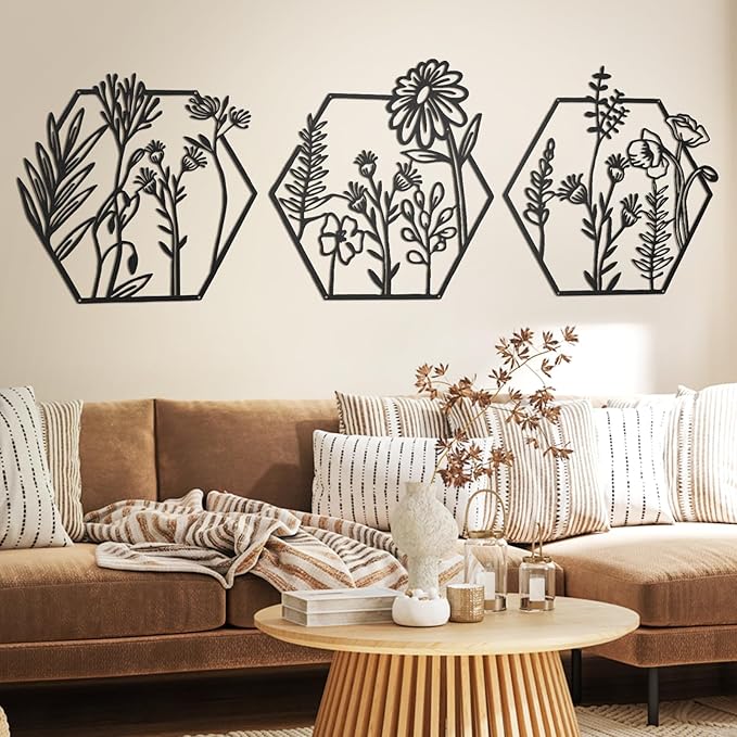 Peryiter 3 Pcs Metal Flower Wall Decor Minimalist Floral Wall Hanging Decor Metal Flower Rustic Floral Art for Spring Living Room Bathroom Kitchen Indoor Outdoor(Black)