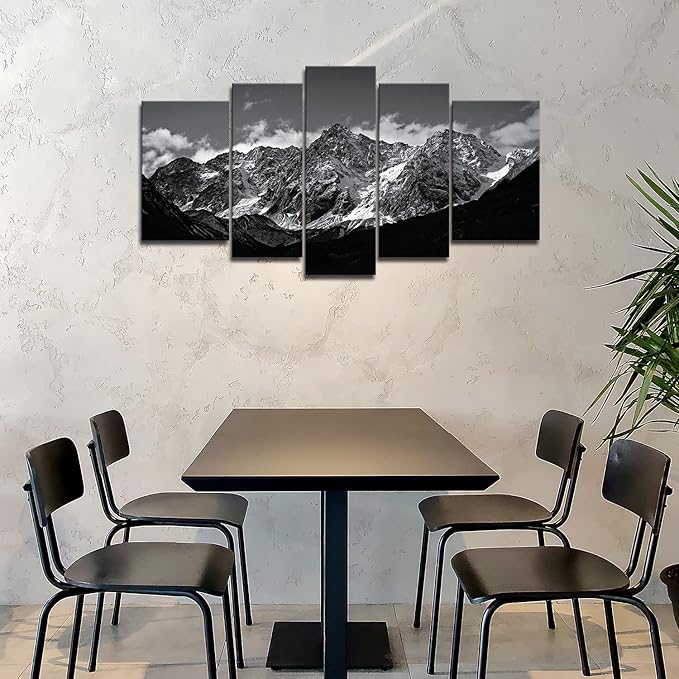 Canvas Wall Art Mountain Black and White Snow Mountain Landscape Picture 5 Pieces Prints On Canvas Modern Giclee Framed Artwork The Pictures for Home Living Room Decor