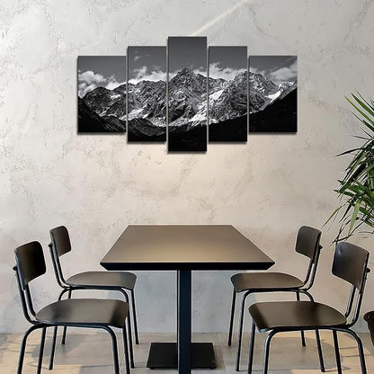 Canvas Wall Art Mountain Black and White Snow Mountain Landscape Picture 5 Pieces Prints On Canvas Modern Giclee Framed Artwork The Pictures for Home Living Room Decor