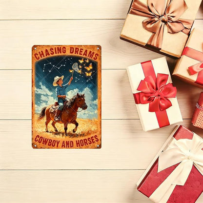 Cowboy and Horses Sign Cowboy Vintage Tin Sign Chasing Dreams Metal Poster Home Farmhouse Wall Decor 12x8 Inch
