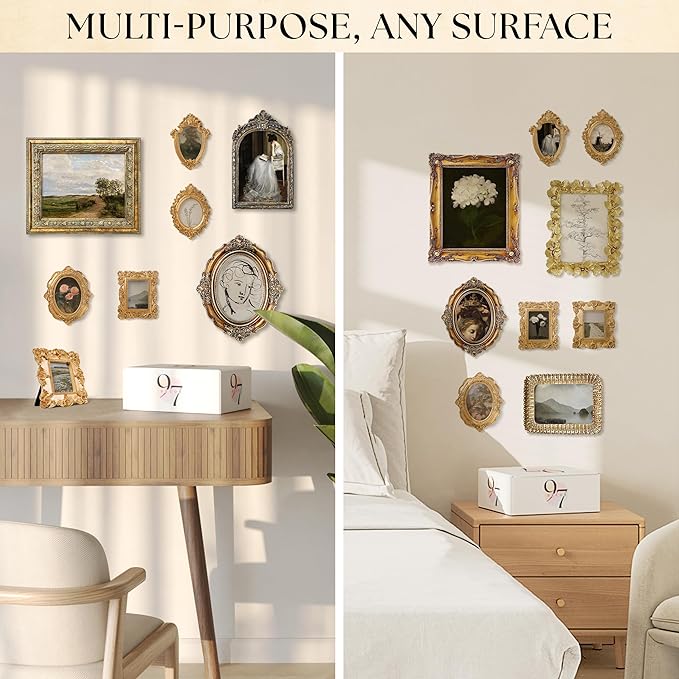 97 Decor Small Gold Picture Frames Set - 5 Pcs Vintage Mini Picture Frames Gold, Oval Rectangle Baroque Gallery Wall Frame Pack, Assorted Vintage Frame Set For Wall Decor (With Backing, Without Glass)