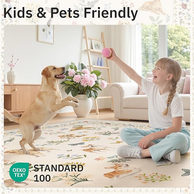 Soalmost Dog 9x12 Area Rugs for Living Room, Machine Washable Animal Floral Vintage Rug Non-Slip Low Pile Soft Throw Large Rugs for Classroom Bedroom Dining Room Nursery Playroom (9 x 12,Beige)