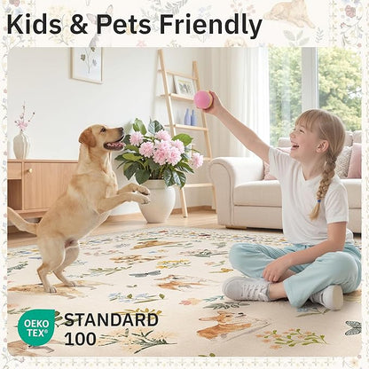 Soalmost Dog 9x12 Area Rugs for Living Room, Machine Washable Animal Floral Vintage Rug Non-Slip Low Pile Soft Throw Large Rugs for Classroom Bedroom Dining Room Nursery Playroom (9 x 12,Beige)