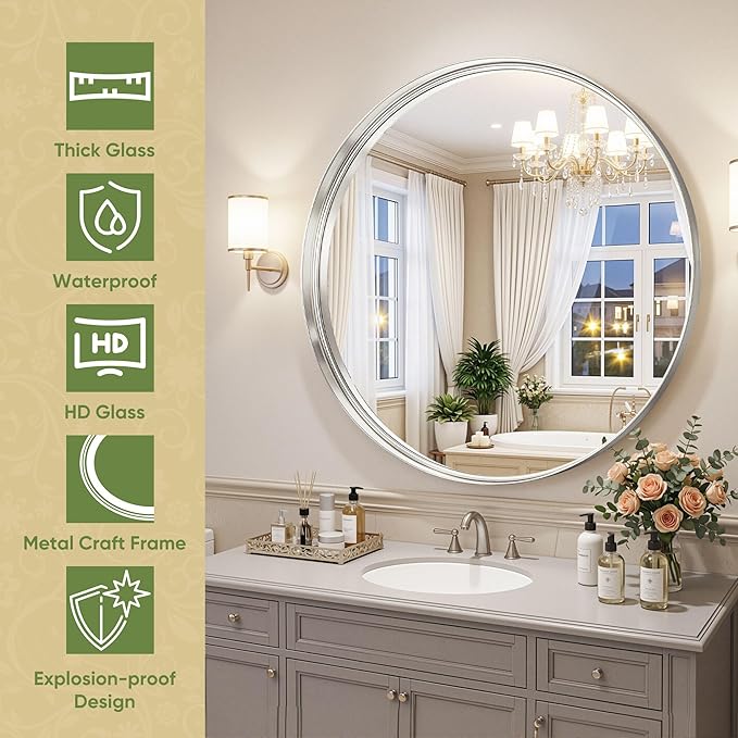 Round Bathroom Mirror, 30 Inch Silver Circle Mirror with Metal Deep Frame, Round Mirrors for Wall Decor, Vanity, Entryway, Living Room