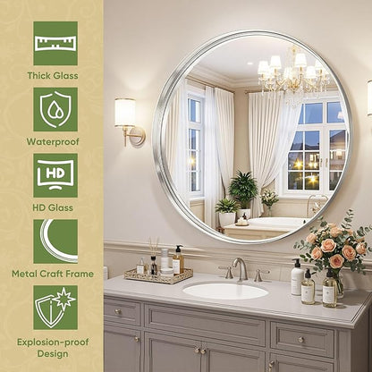Round Bathroom Mirror, 30 Inch Silver Circle Mirror with Metal Deep Frame, Round Mirrors for Wall Decor, Vanity, Entryway, Living Room