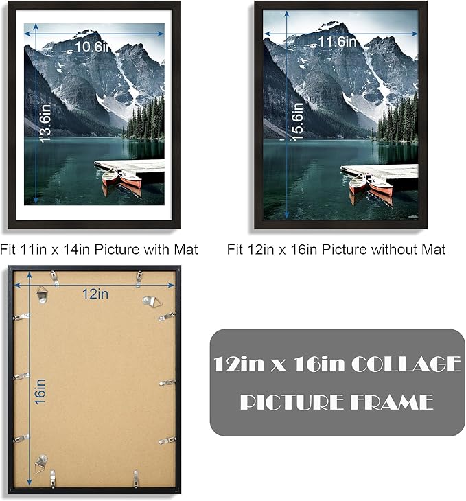 Hongkee 12x16 Picture Frame Set of 3 - Display 11x14 Photo with Mat or 12 x 16 Poster without Mat, Wall Mounting Horizontal and Vertical, Black