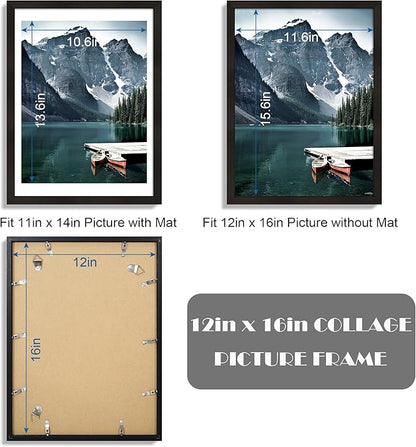 Hongkee 12x16 Picture Frame Set of 3 - Display 11x14 Photo with Mat or 12 x 16 Poster without Mat, Wall Mounting Horizontal and Vertical, Black