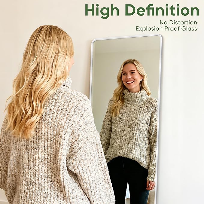 Suidia Full Length Mirror Over the Door&Wall Mounted, 48"x14" Door Mirror with Aluminum Alloy Frame, HD Shatterproof, No-Drill, Hanging Mirrors for Bedroom, Bathroom, Dorm, Closet, Rounded Rect, White
