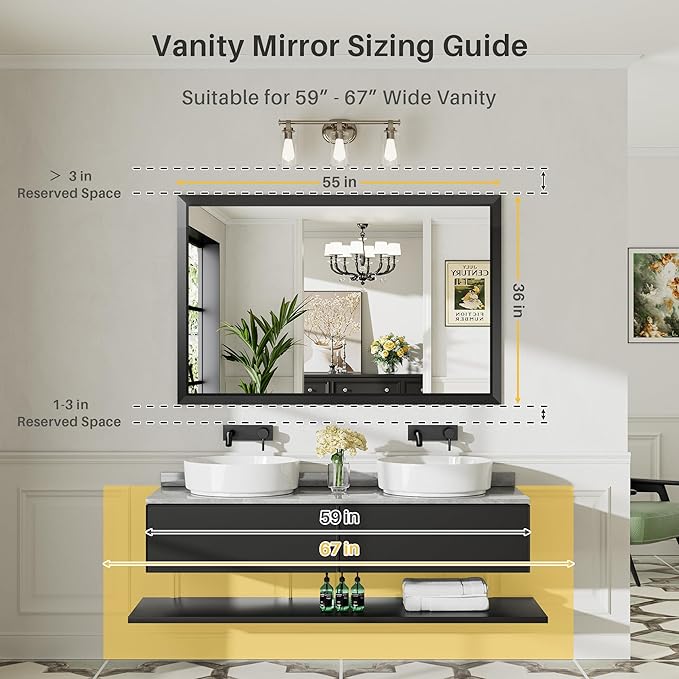Briivue 55x36 Inch Black Bathroom Mirror for Wall, Thick Metal Framed Rectangle Mirrors for Over Sink, Bedroom, Living Room, Entryway, Anti-Rust, HD Tempered Glass