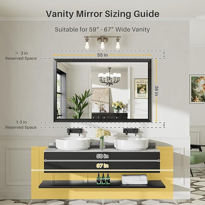 Briivue 55x36 Inch Black Bathroom Mirror for Wall, Thick Metal Framed Rectangle Mirrors for Over Sink, Bedroom, Living Room, Entryway, Anti-Rust, HD Tempered Glass