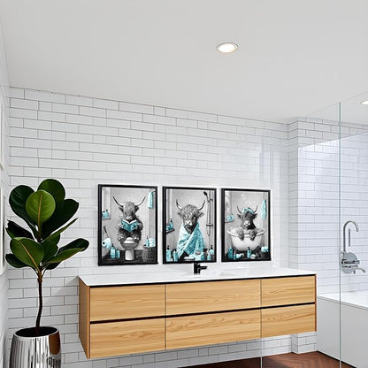 sechars Highland Cow Bathroom Wall Art 3 Piece Funny Bathroom Pictures Canvas Print Grey and Teal Decor (Teal)