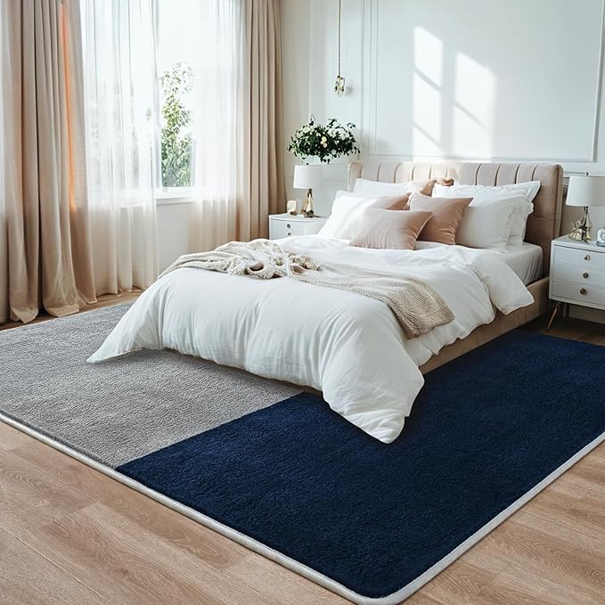Rugs for Bedroom Living Room, 4x6 ft Grey Navy Blue Area Rug, Washable Memory Foam Non-Slip Carpet, Modern Minimalist Indoor Carpets for Boys Girls Kitchen Home Decor