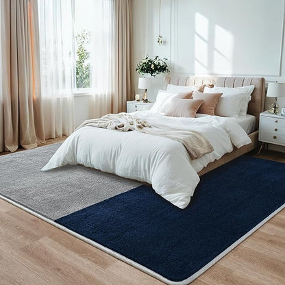 Rugs for Bedroom Living Room, 4x6 ft Grey Navy Blue Area Rug, Washable Memory Foam Non-Slip Carpet, Modern Minimalist Indoor Carpets for Boys Girls Kitchen Home Decor