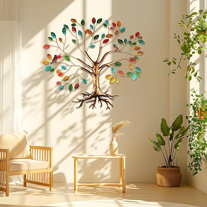 Fangoo Tree of Life Metal Wall Art Sculpture 22 x 26 inch Large Metal Tree of Life Wall Decor Wall Hanging Multi Colored Leaf Art for Living Room Bedroom Garden Porch Patio Office Home Wall Decor