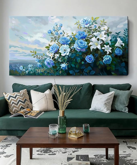 Nicetop Extra Large Floral Canvas Art for Living Room – Elegant Botanical Wall Picture with White Lilies, Blue Roses & Green Leaves – Horizontal Nature Artwork for Bedroom, Office, Kitchen, 58x29 Inch