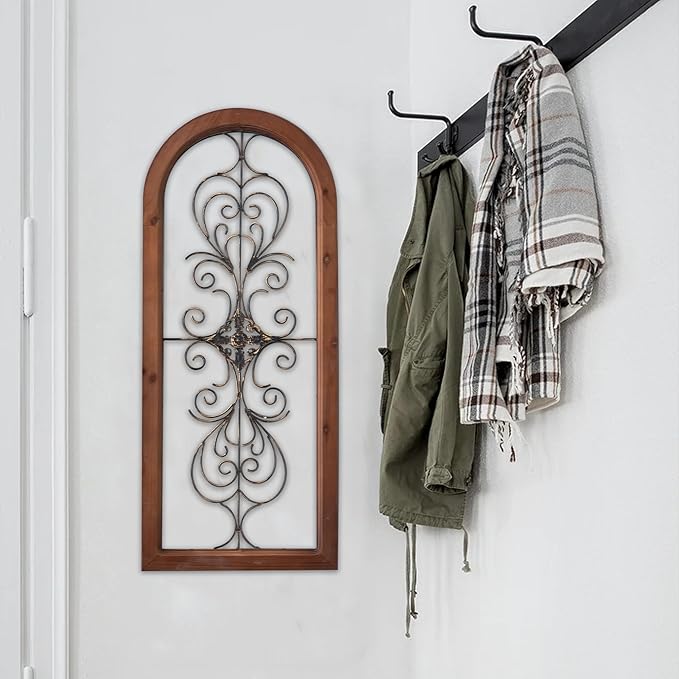 Sintosin Vintage Metal Wall Art for Living Room 13 X 32 Inches, Handmade Distressed Wooden Wall Panels with Carved Wrought Iron above Bed Decor, Farmhouse Wall Decor for Kitchen Entryway