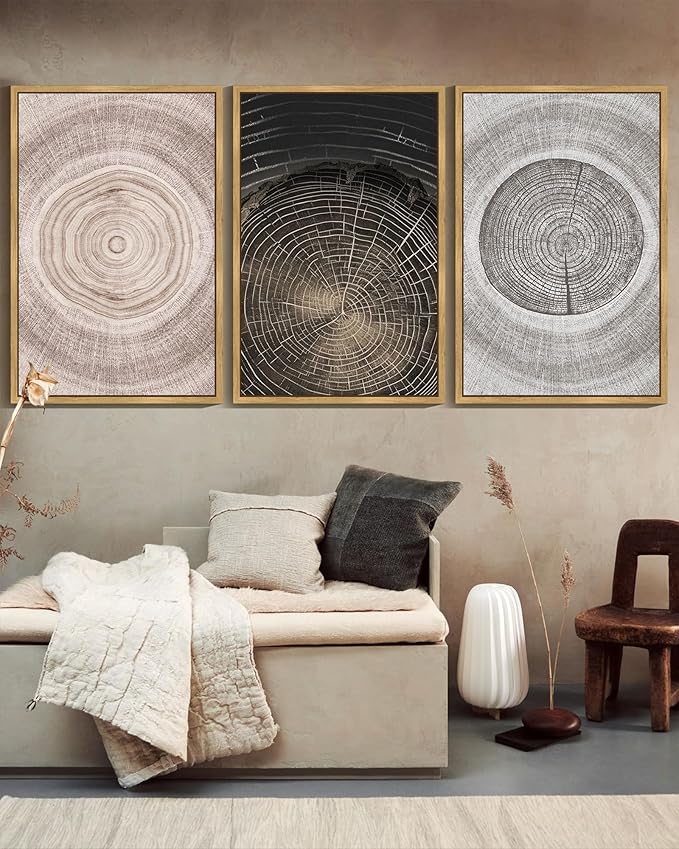 PHOPAGO Vintage Wood Tree Rings Wall Art 24x36in Farmhouse Rustic Framed Canvas Paintings Living Room Bedroom Decor Nature Artwork Natural Framed