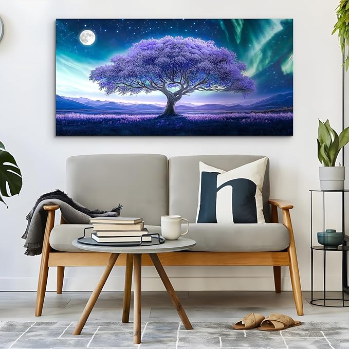 crmotu Tree of Life Large Wall Art for Living Room, Purple Tree Art Prints, Aurora Landscape Canvas Painting, Surreal Art Wall Pictures for Bedroom Bathroom, Modern Office Decor Artwork 24X48in