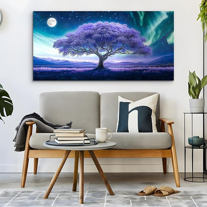 crmotu Tree of Life Large Wall Art for Living Room, Purple Tree Art Prints, Aurora Landscape Canvas Painting, Surreal Art Wall Pictures for Bedroom Bathroom, Modern Office Decor Artwork 24X48in