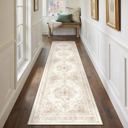 PureCozy Runner Rug 3x10 Cream Hallway Washable Beige Carpet Non Slip Vintage Medallion Beige Carpet Low Pile Soft Distressed Retro Indoor Long Rug for Entryway Kitchen Bathroom Laundry Bedroom