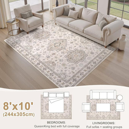 EIEIHOUSE Washable Area Rugs for Living Room -8x10 Neutral Vintage Distressed Floral Farmhouse Boho Large Soft Floor Rug Indoor Non Slip Carpet for Living Room Bedroom Dining Room Office -Beige Brown