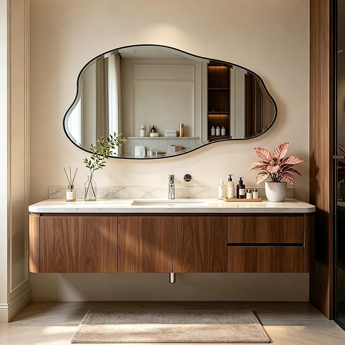POZINO Irregular Beveled Mirror, 53.5"x27" Asymmetrical Aesthetic Mirror with Metal Frame, Large Cloud Shaped Mirrors for Living Room Bathroom Bedroom Hallway Entryway, Horizontal/Vertical Hanging