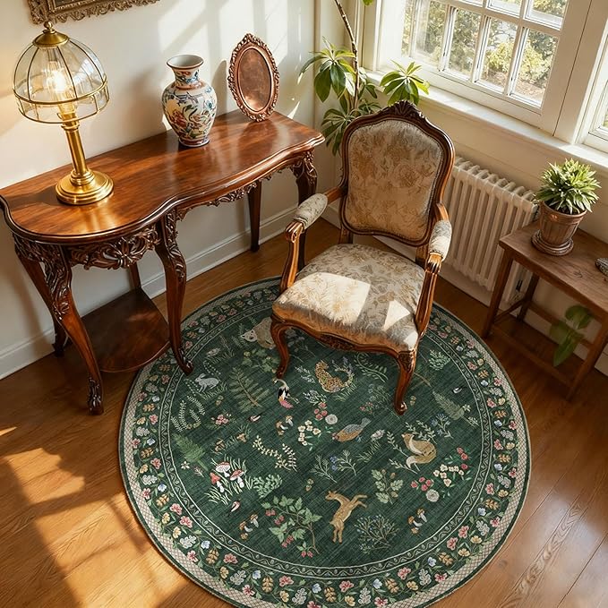 Washable Round Rugs for Bedroom 4ft: Living Room Rug Stain Resistant Non Slip Low Pile Ultra Soft Faux Wool Small Circle Rugs for Kitchen Entryway Nursery Bathroom Entrance Dorm Home Office Indoor