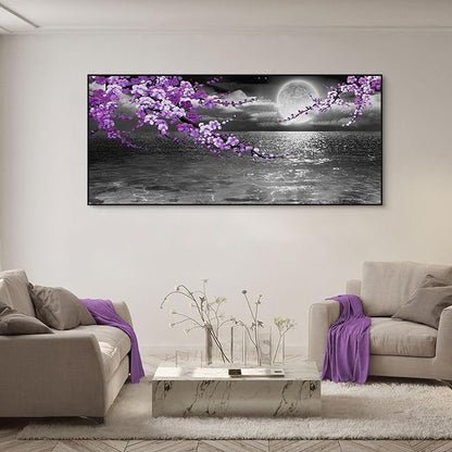 yiijeah Large Purple Wall Art Decor for Living Room Bedroom Framed Black and White Seascape Full Moon Purple Flower Painting Canvas Picture Modern Hand-Painted Plum Blossom Artwork for Home Office