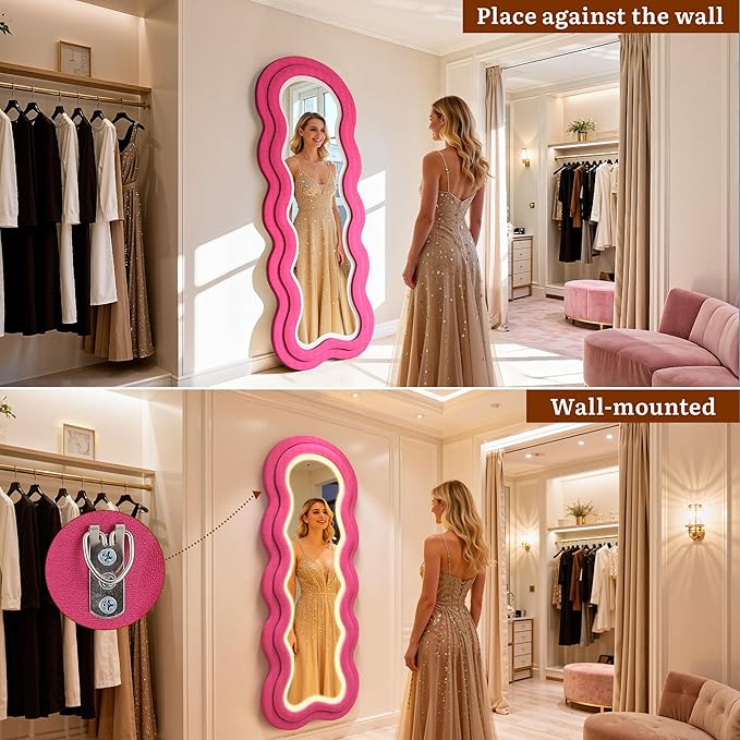 Wavy Full Length Mirror, 63"×24" Irregular Full Body Mirror with 3-Color Adjustable Light, Luxury Velvet Frame Floor/Wall Mounted Mirror for Living Room/Bedroom/Dressing Room, Ideal for Girls