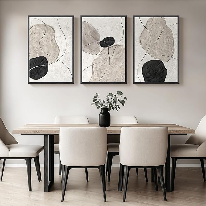Framed Black and White Abstract Wall Art for Living Room, Large 3 Piece Neutral Minimalist Canvas Artworks, Modern Painting Prints for Dining Room Hallway Home Office Wall Decor, 24x36 In