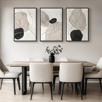 Framed Black and White Abstract Wall Art for Living Room, Large 3 Piece Neutral Minimalist Canvas Artworks, Modern Painting Prints for Dining Room Hallway Home Office Wall Decor, 24x36 In