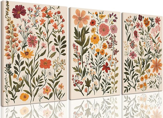 KISSFOX 3 Piece Boho Floral Canvas Wall Art For Bedroom Cottagecore Wild Flower Wall Art Colorful Nature Modern Botanical Art Prints For Nursery Living Room,12x16 in