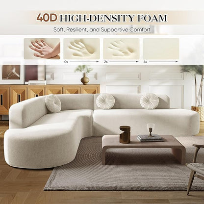 Deep Seat Curved Sectional Sofa - Cloud Round Couch with Elegant Curved Design & 3 Round Cushions, L-Shaped Comfy 4 Seater Floor Sofa, No Assembly Required (Beige)