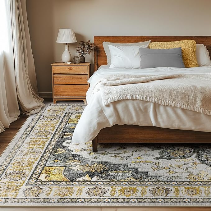 BESTSWEETIE 9x12 Area Rug Washable Rugs for Living Room, No Pile Boho Carpet for Entryway Bedroom Dinning Room, Vintage Carpet Print Distressed Non-Slip, 9 x 12 ft, Grey Brown