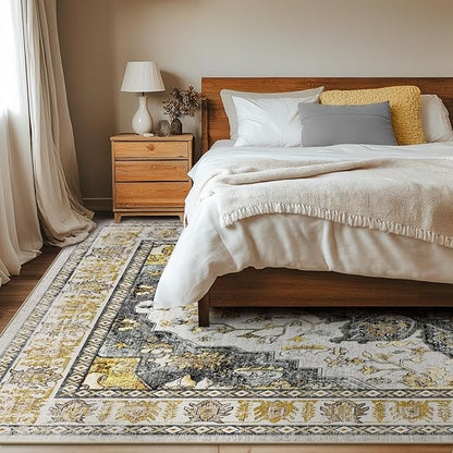 BESTSWEETIE 9x12 Area Rug Washable Rugs for Living Room, No Pile Boho Carpet for Entryway Bedroom Dinning Room, Vintage Carpet Print Distressed Non-Slip, 9 x 12 ft, Grey Brown