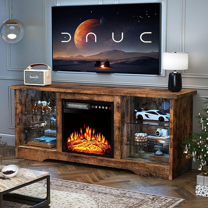 TAVATA Fireplace TV Stand with 18" Fireplace, Modern Entertainment Center for TVs up to 65 inch, Media TV Console for Living Room with Led Lights, Adjustable Glass Shelves and Storage Cabinets (Brown)